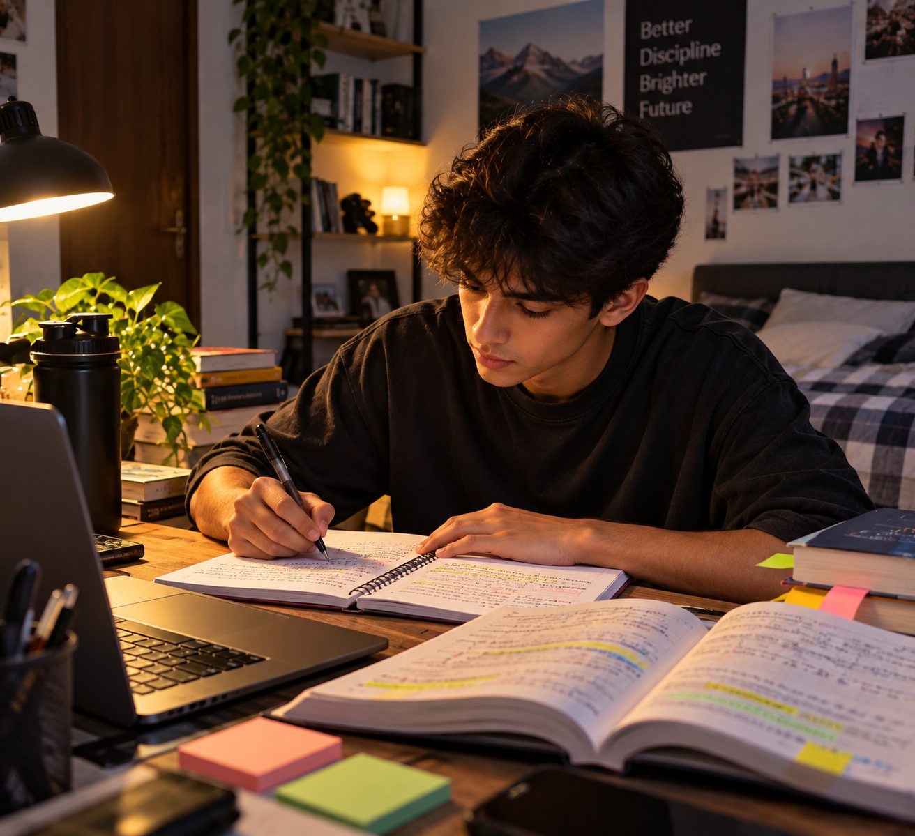 A young man studying late at a lamp-lit desk, writing notes beside open textbooks and a laptop