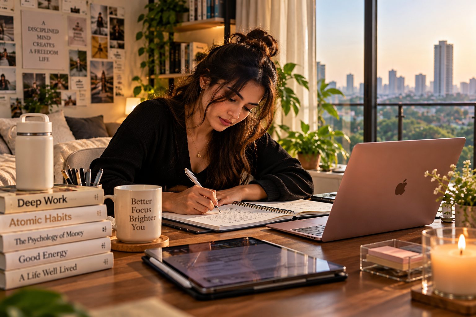 A woman in a black sweater writing in a notebook at a wooden desk in a high-rise study, the city skyline glowing through the window behind her