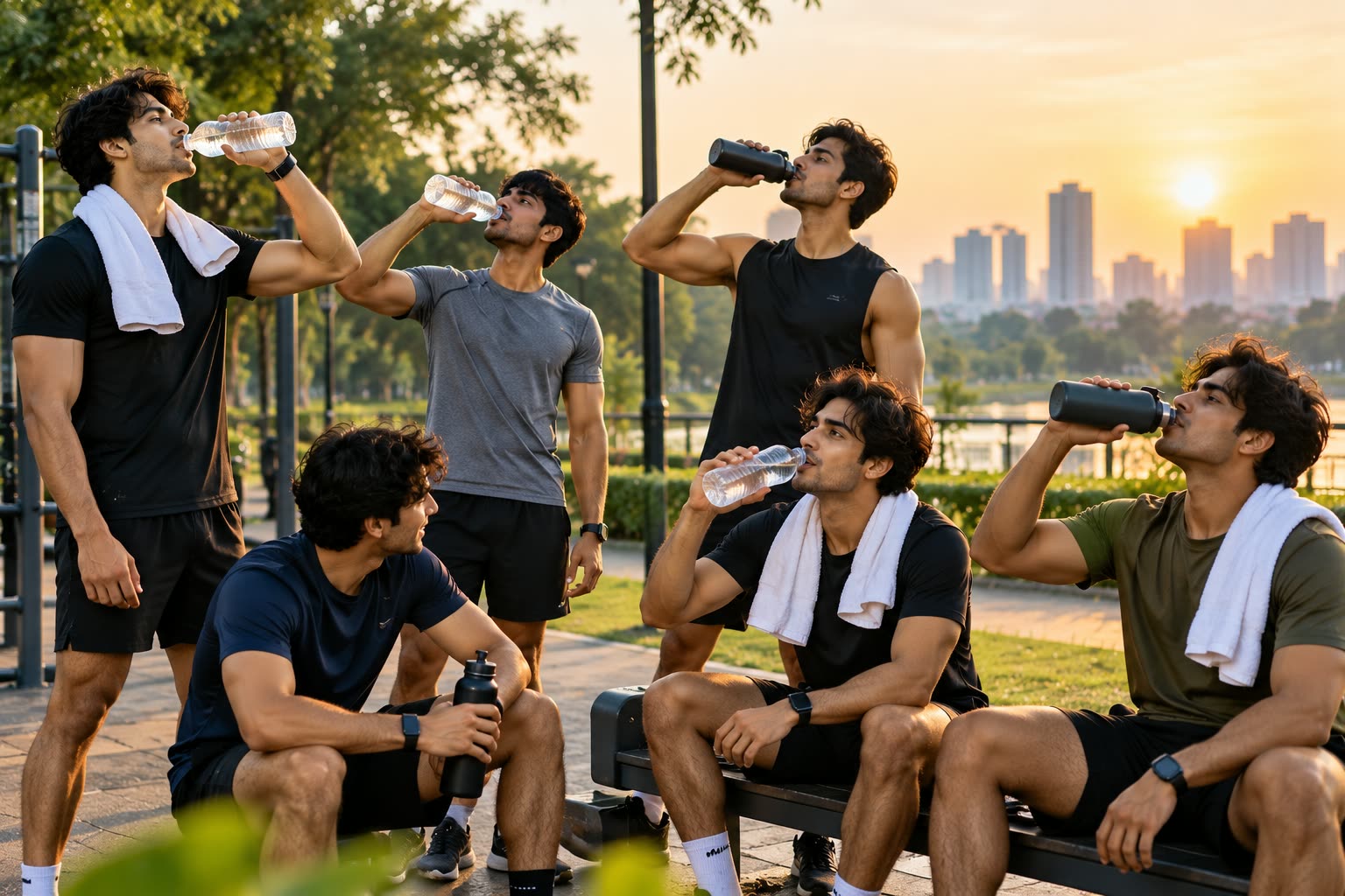 A group of friends drinking water together in a park at sunrise after a workout, with towels around their necks and the city skyline behind them