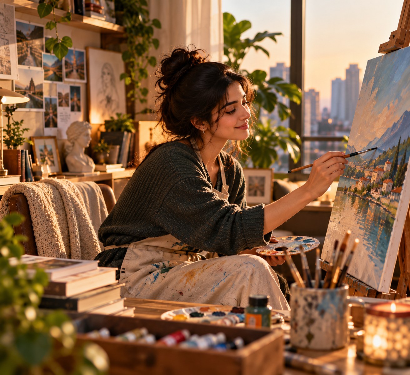 A young woman in a paint-splattered cream apron over a dark knit sweater, seated beside a sunlit window at sunset, painting a coastal town on canvas at a wooden easel, a palette in one hand and a brush in the other, with book-lined shelves, plants and a leather armchair behind her