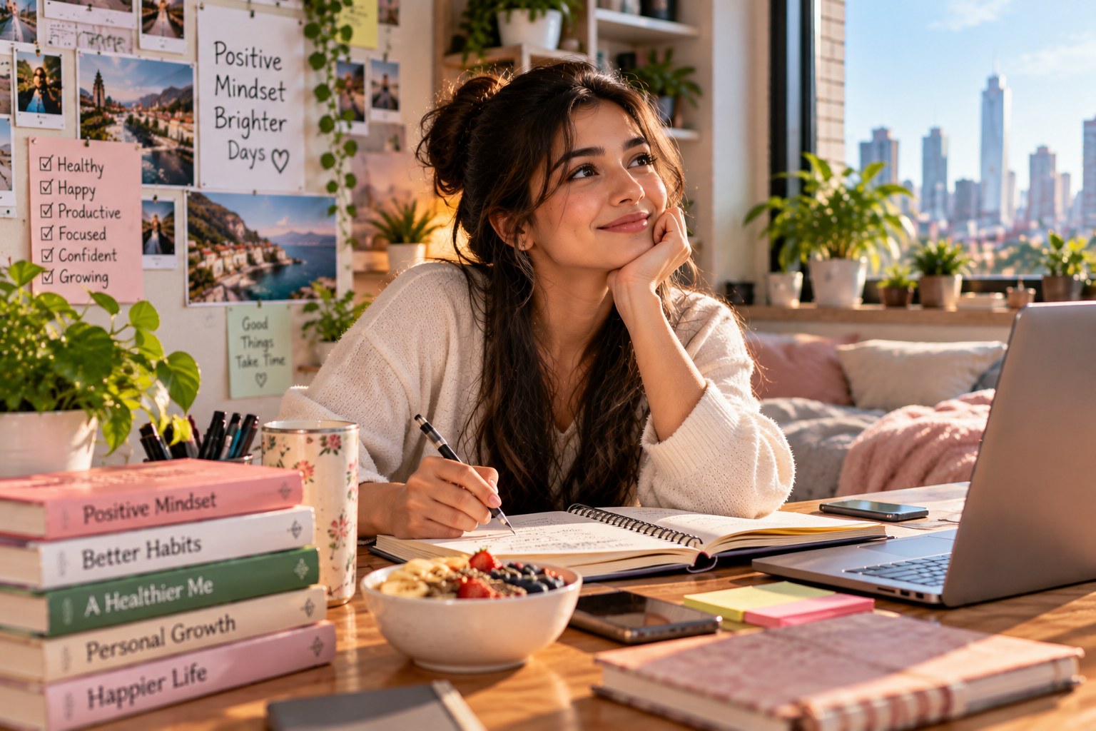 A young woman in a cream knit sweater sitting at a sunlit desk in the morning, chin resting on her hand and a pen over an open journal, a bowl of granola with fruit beside her, a stack of books with spines reading Positive Mindset and Better Habits, and a wall board with a checklist reading Healthy, Happy, Productive, Focused, Confident, Growing