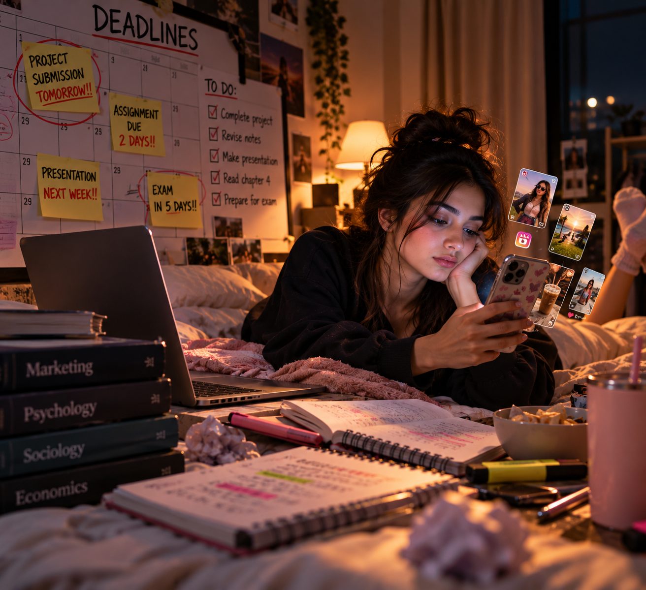 A tired young woman lying on a messy bed scrolling her phone at night while social media posts float above the screen and deadlines pile up around her
