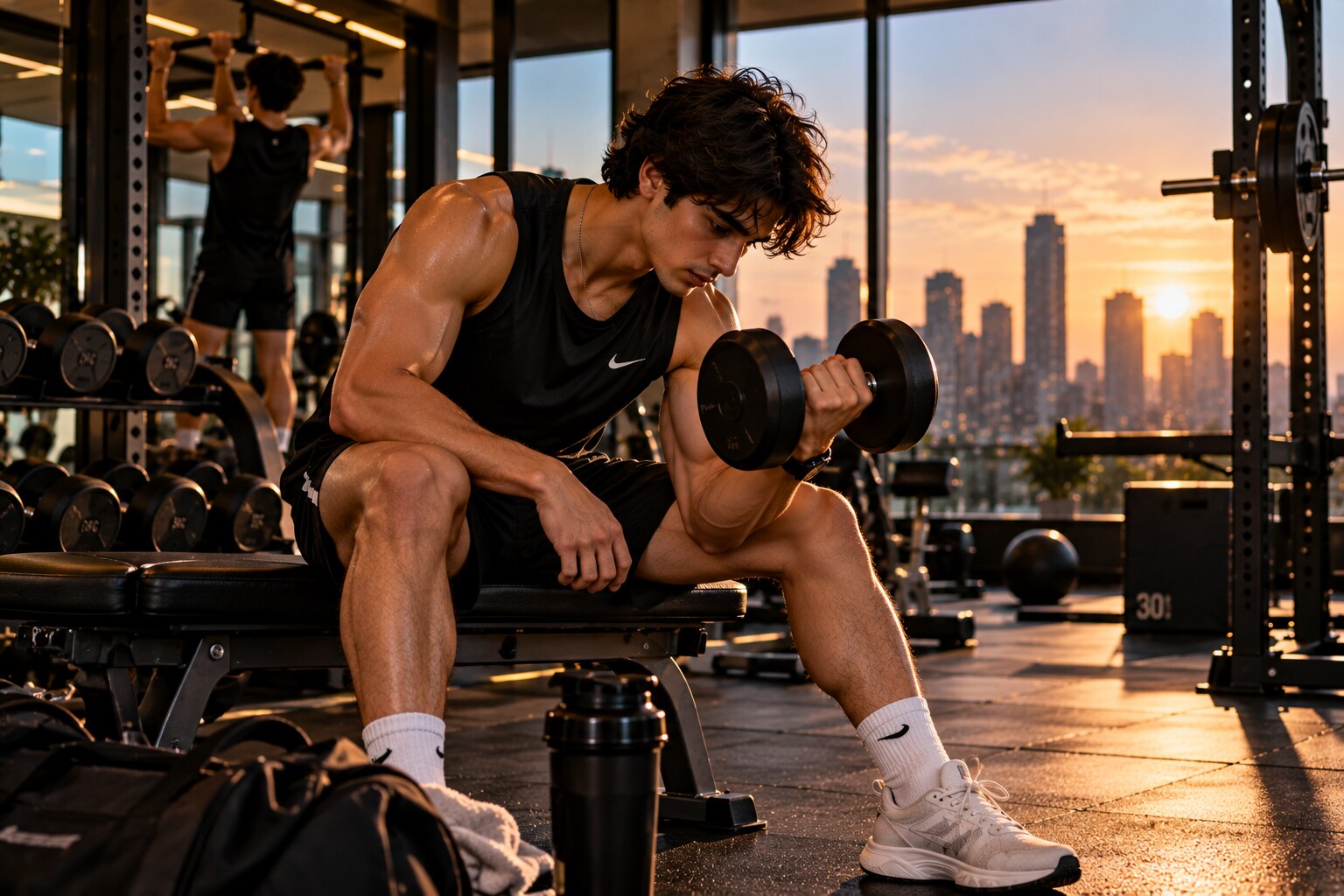 A young man in a black tank top doing a dumbbell curl on a gym bench at golden hour, weight racks and a city skyline visible through the windows behind him