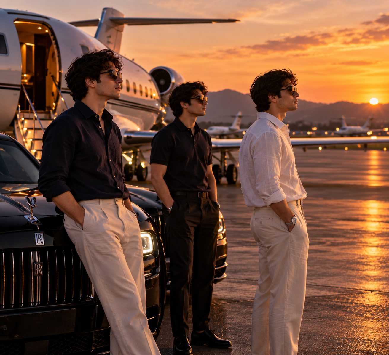 Three men standing on an airport tarmac at sunset beside a black luxury car and a private jet with its cabin door open