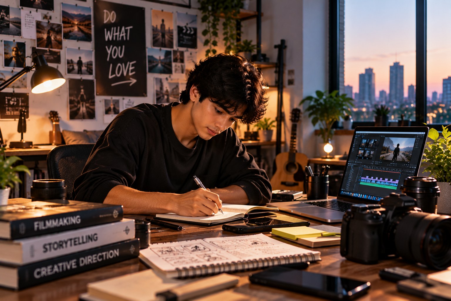 A young man in a black sweater leaning over a journal at a desk in a warm lamplit studio at dusk, storyboards and a video editing timeline open on his laptop, a camera and spare lens beside him, a guitar and plants behind, with a poster on the wall reading Do What You Love