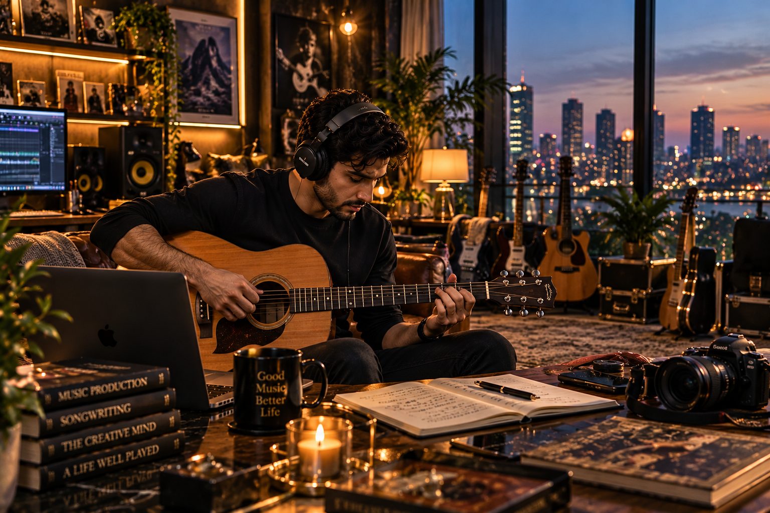 A young man playing an acoustic guitar with headphones on in a home studio at night, city lights glowing behind him