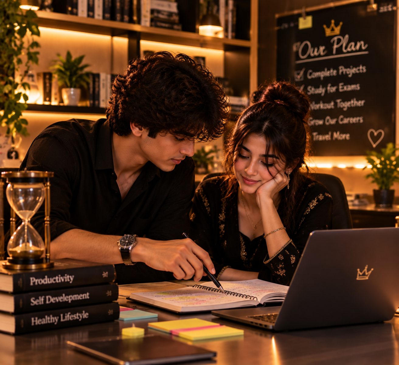 A young couple planning together at a warm lamp-lit desk at night, the man pointing at an open notebook while an hourglass, sticky notes and a chalkboard reading Our Plan sit around them