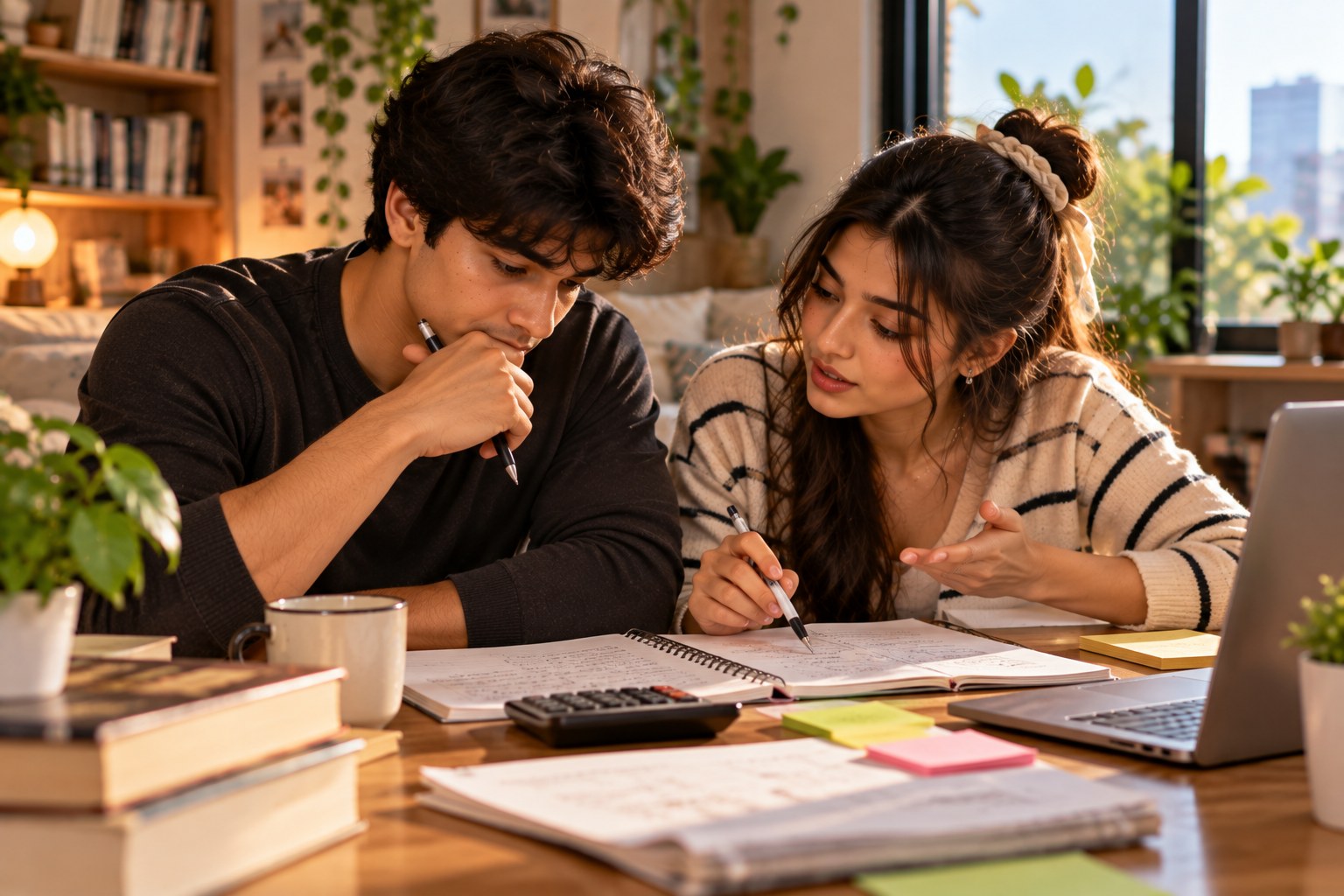 A young man and woman leaning over a shared notebook at a warm lamplit desk, the man holding a pen with his chin resting on his hand while the woman points at the page, a calculator, mug, stacked books and a laptop around them in a plant-filled room