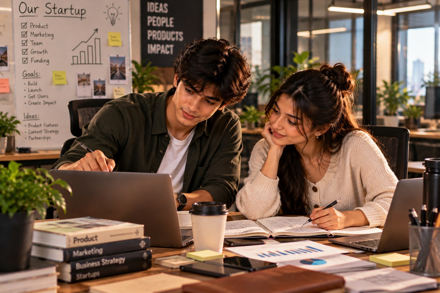 A young man and woman working together at a startup office desk, the man pointing with a pen at an open laptop while the woman rests her chin on her hand over an open notebook, with a second laptop, coffee, printed charts and a whiteboard behind them reading Our Startup beside a checklist of Product, Marketing, Team, Growth and Funding