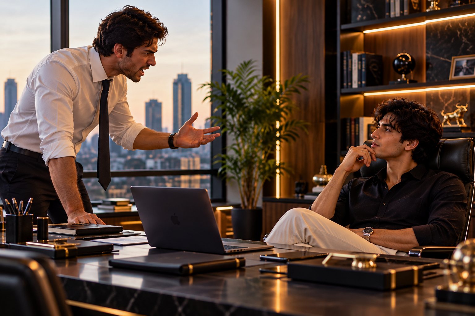 An angry man in a white shirt leaning over a marble desk to shout at a calm young man seated in a leather executive chair, in a penthouse office at sunset