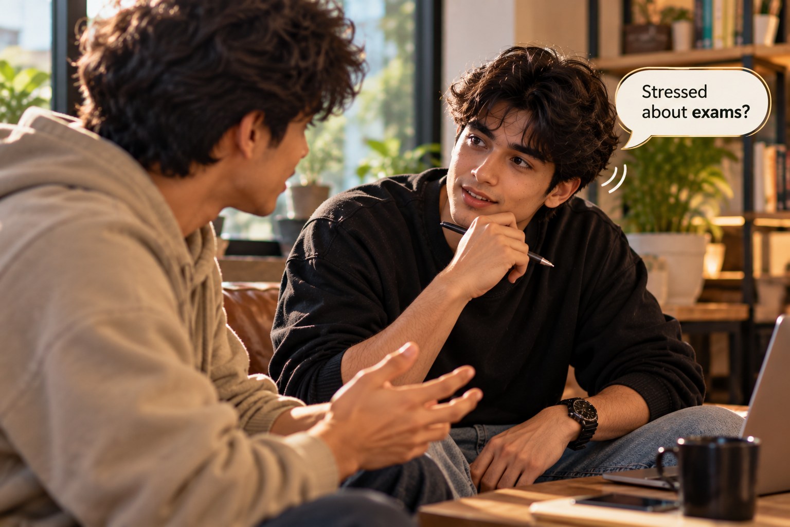Two young men talking in a warm sunlit room lined with bookshelves and plants, one gesturing as he speaks while the other listens attentively with a pen to his chin, a laptop and mug on the table between them