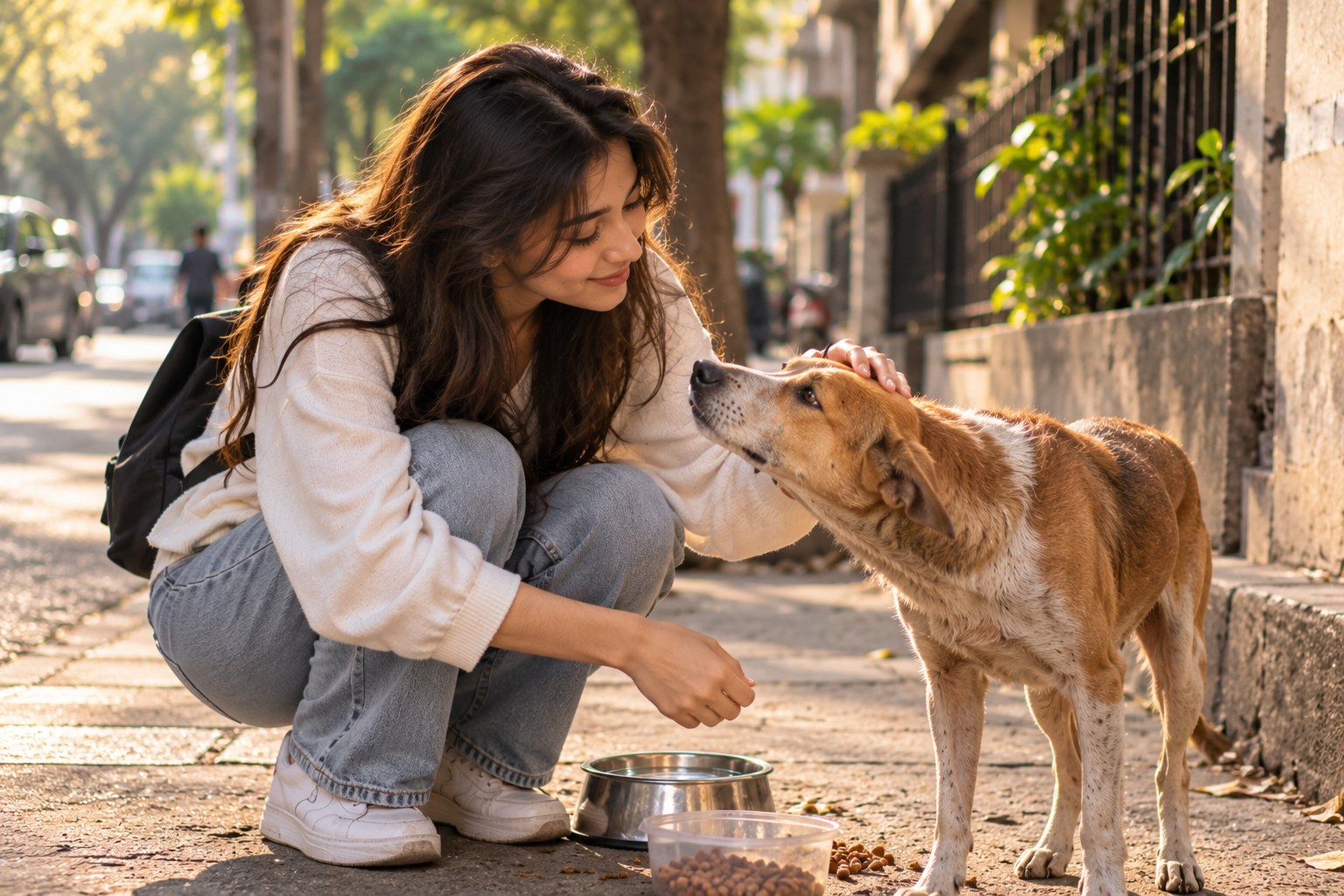 A young woman in a cream sweater squatting on a pavement at golden hour, smiling as she pets a tan and white dog, with a steel water bowl and a container of dog food beside her