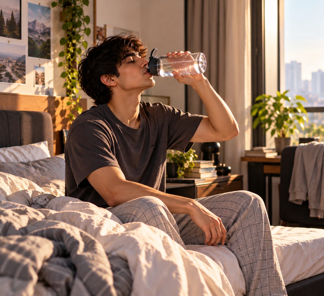 A young man in a grey t-shirt and pyjama trousers sitting on the edge of an unmade bed in a sunlit high-rise bedroom, drinking water from a clear bottle
