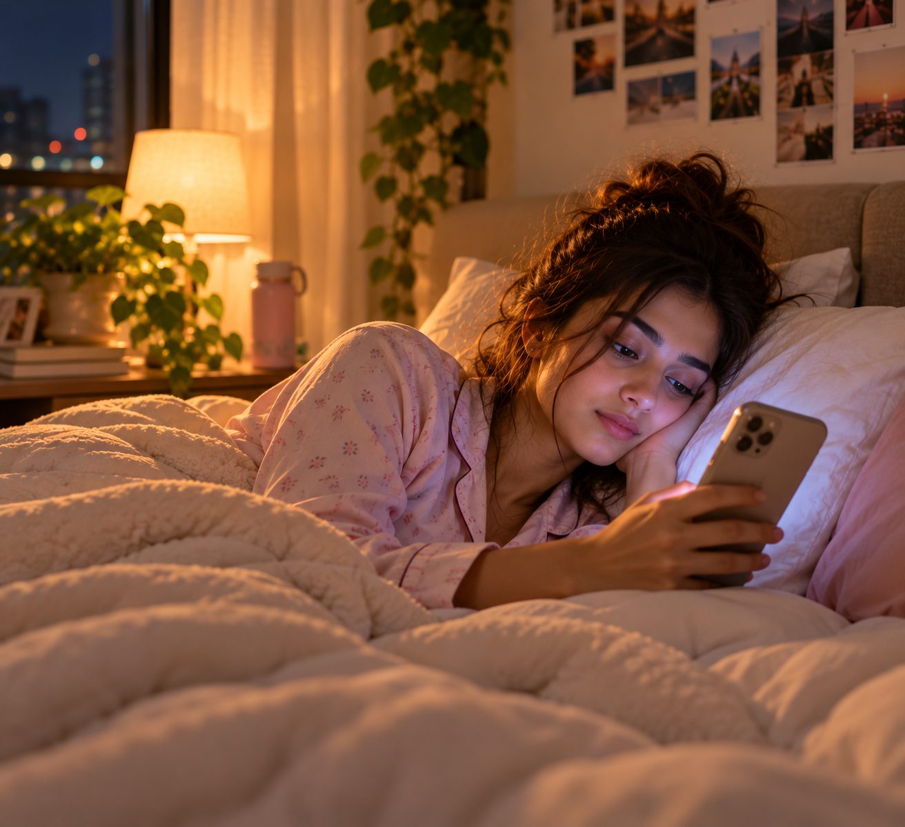 A young woman lying in bed at night scrolling her phone, its glow lighting her face in a dark bedroom