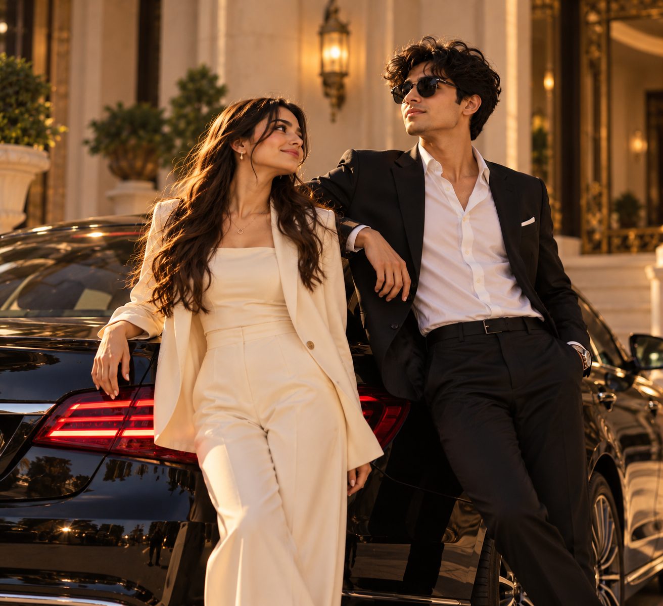 A confident couple in elegant evening wear leaning against a black car at golden hour outside a grand building