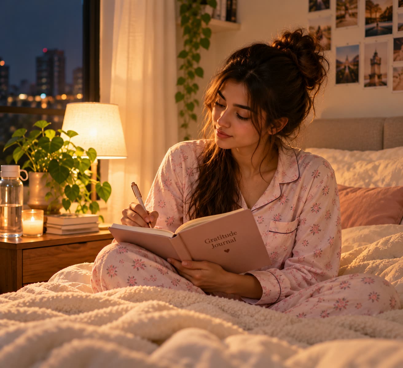 A young woman in pyjamas writing in a gratitude journal on her bed at night, lit warmly by a bedside lamp
