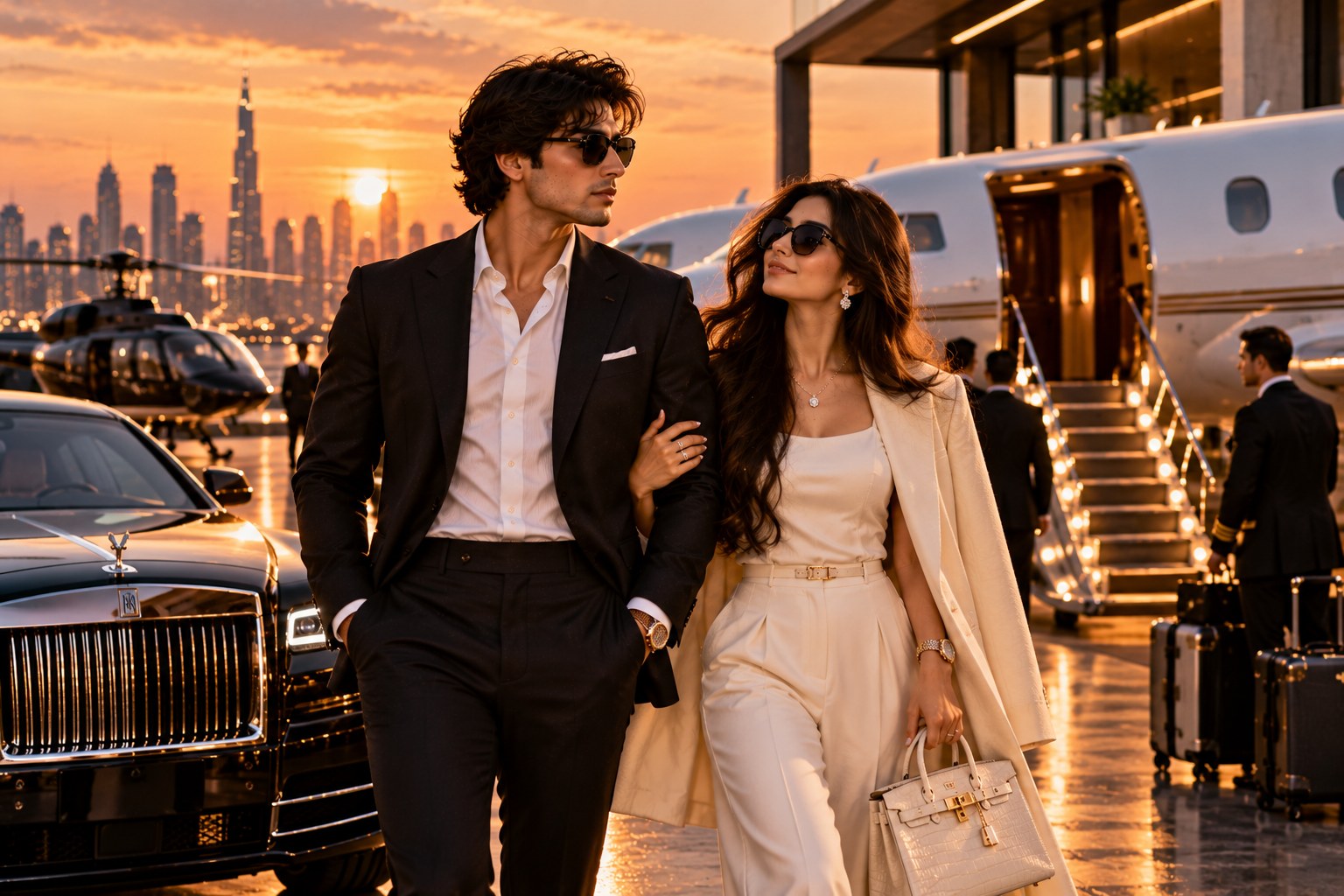 A couple walking arm in arm across a private airport apron at sunset, the man in a black suit and sunglasses and the woman in cream carrying a handbag, beside a black luxury car, an executive helicopter and a private jet with its stairs lit, the city skyline glowing behind them