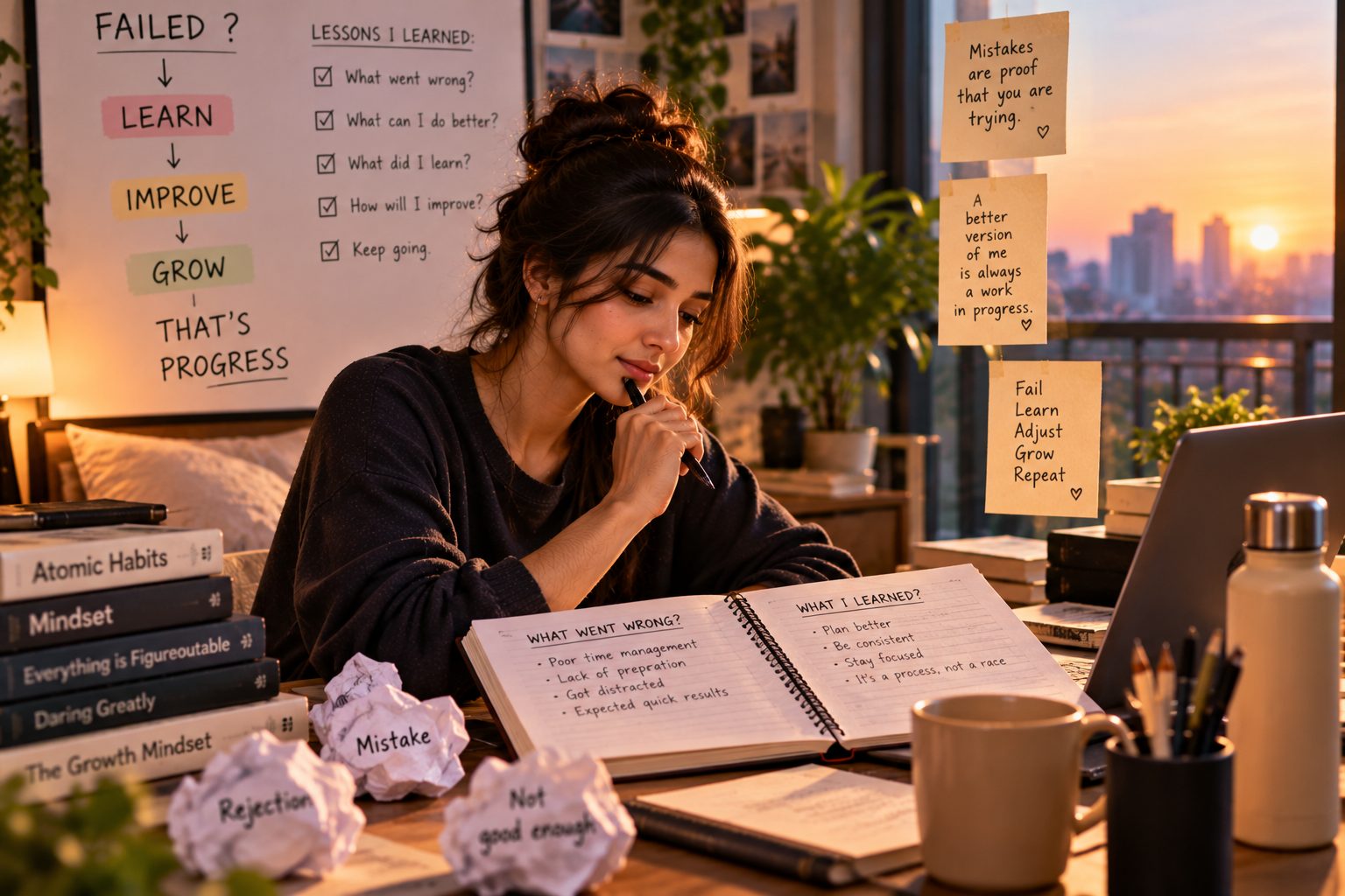 A young woman in a dark sweatshirt sitting at a desk at sunset, pen to her lips as she reads an open notebook, with crumpled papers labelled Rejection and Mistake beside a board reading Failed, Learn, Improve, Grow