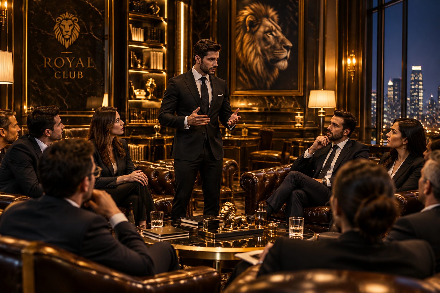 A businessman in a black suit presenting to a group of professionals seated in a luxury club lounge