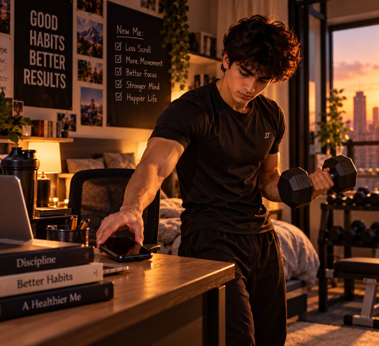 A man setting his phone face-down on a desk while lifting a dumbbell, in front of a board reading Good Habits Better Results at sunset