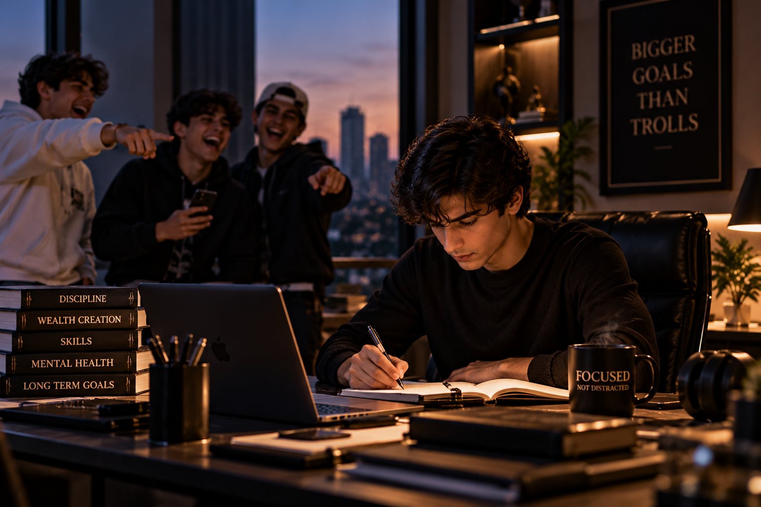 A young man in a black sweater writing in a notebook at an executive desk while three men laugh at him with a phone behind him, in a high-rise office at twilight