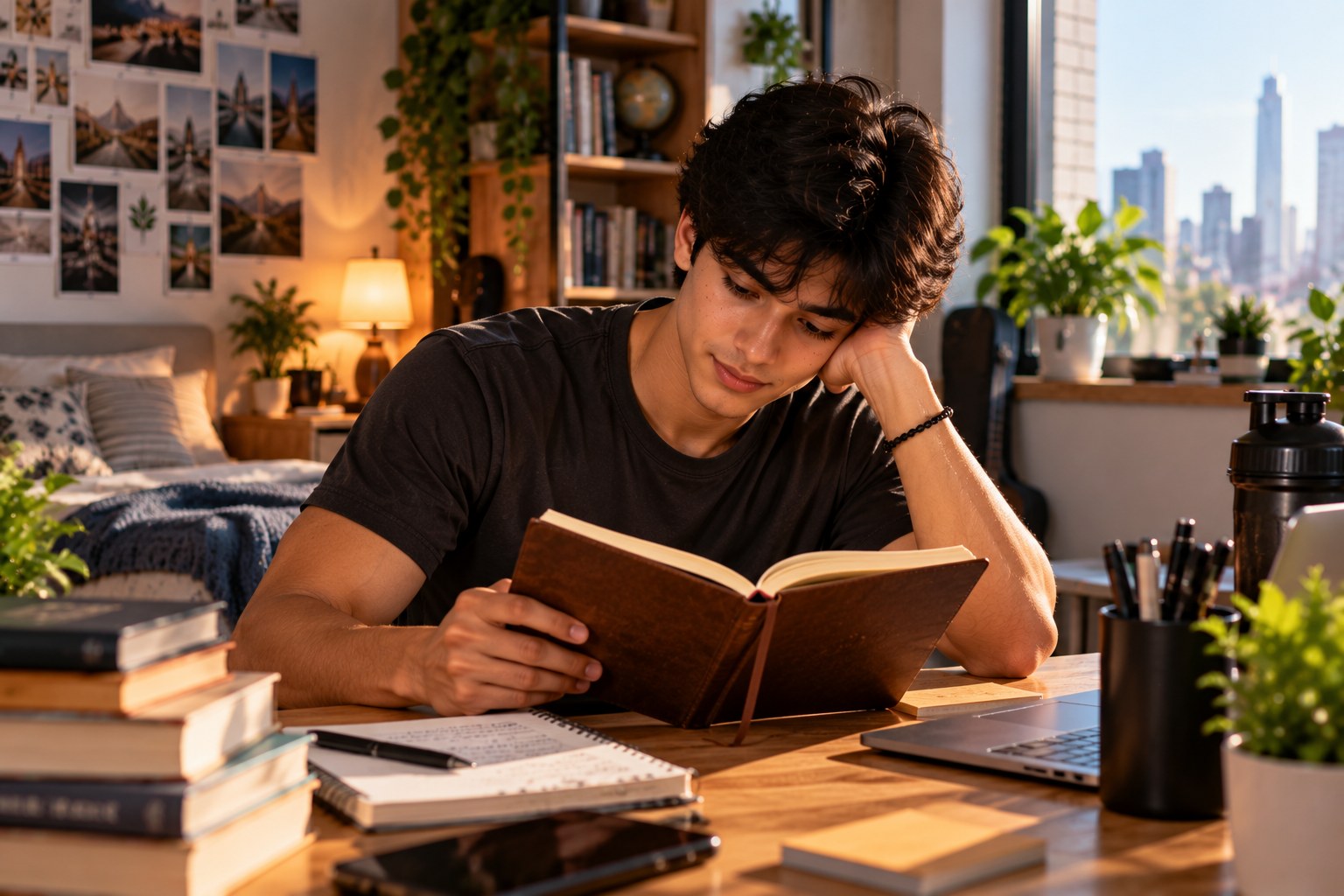 A young man in a dark t-shirt sitting at a wooden desk in a sunlit bedroom at golden hour, an open hardcover book with a ribbon bookmark in one hand and his head resting on the other, a spiral notebook, laptop and phone on the desk and city towers through the window