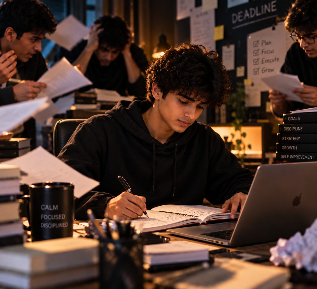 A young man writing calmly at a lamp-lit desk while ghostly versions of himself panic among flying papers and stacks of books