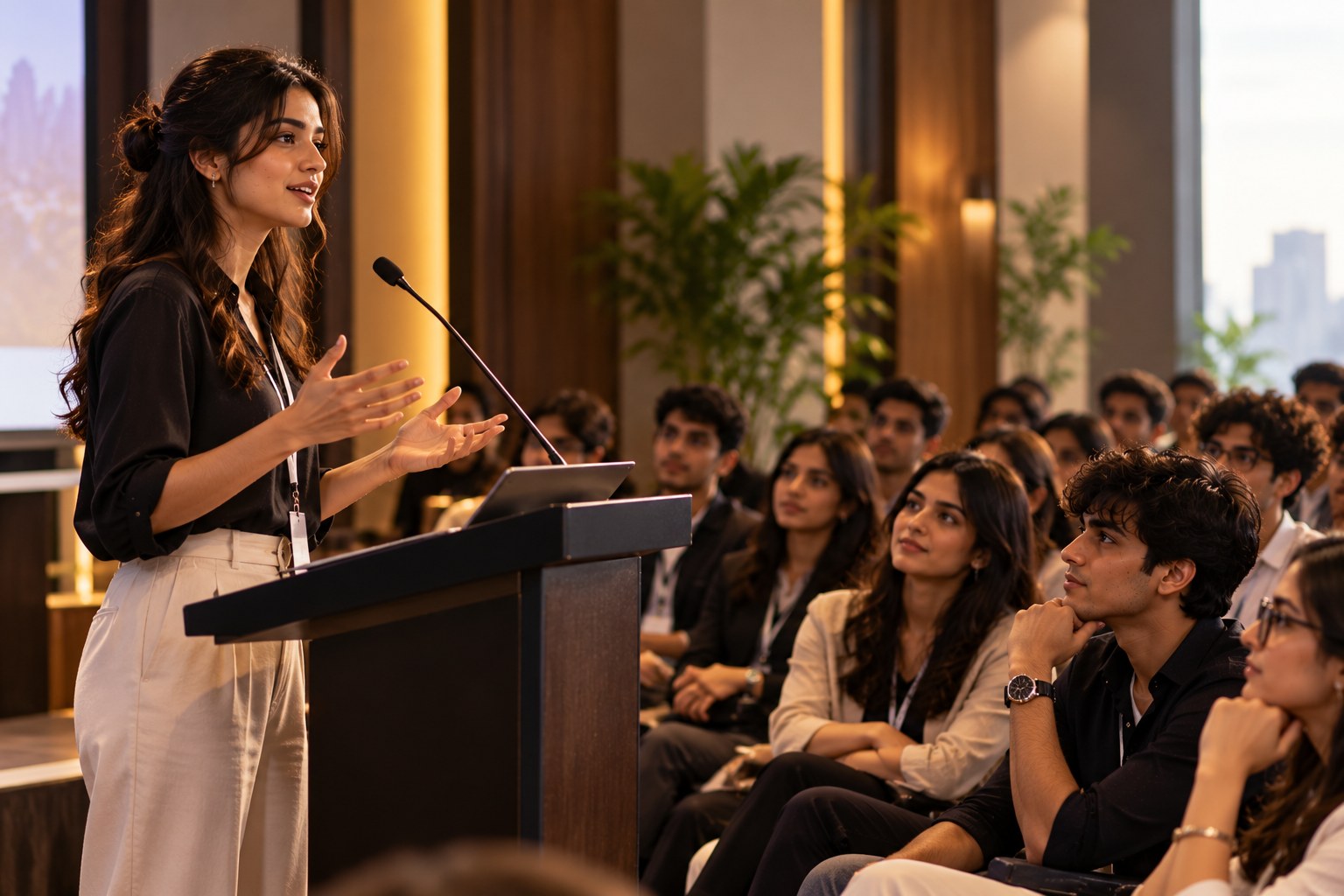 A young woman in a dark shirt speaking confidently at a podium with a microphone, addressing an attentive audience seated in a warm wood-panelled seminar hall