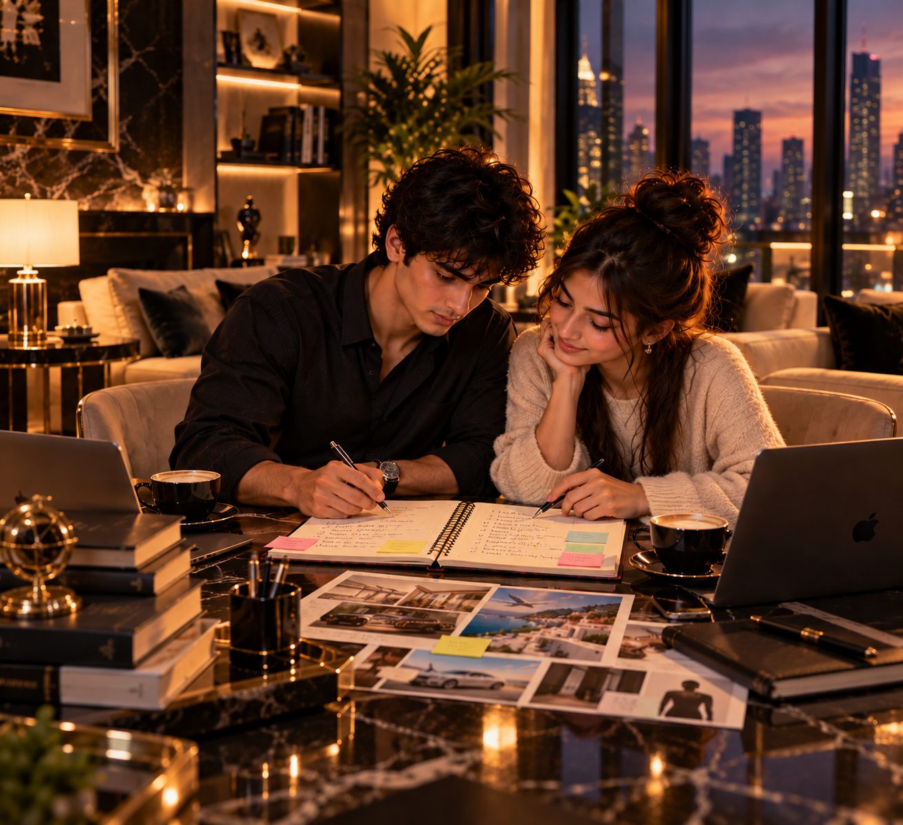 A couple planning together at a marble table in a penthouse at dusk, writing in a notebook beside laptops, coffee and printouts of the home and life they are working toward