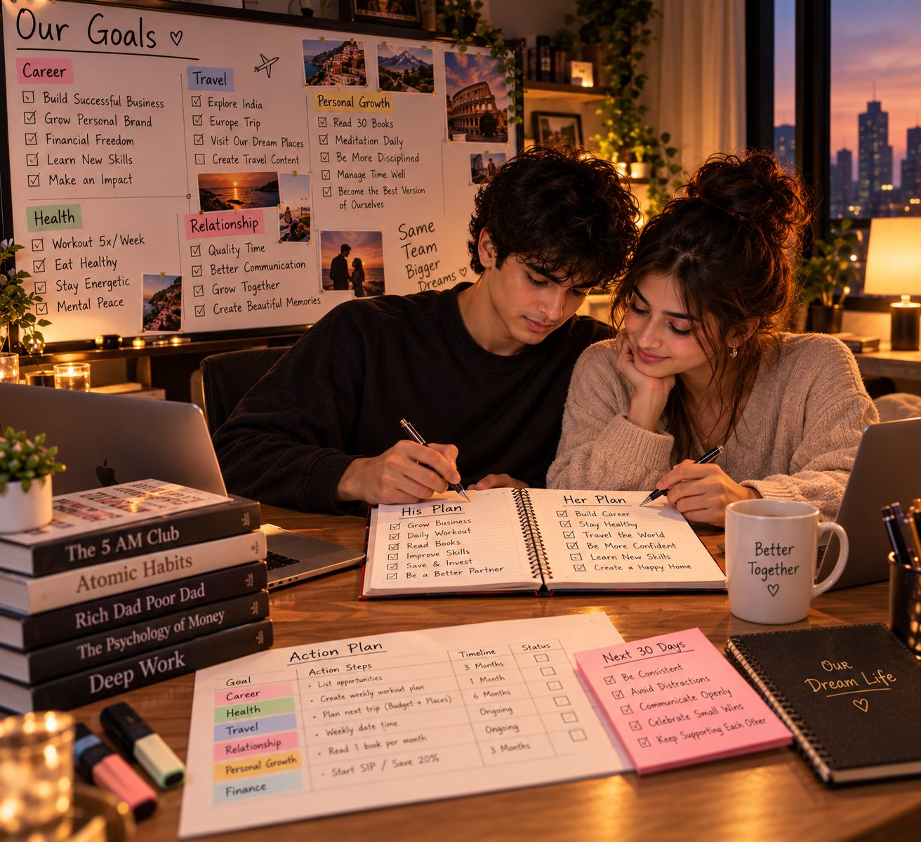 A couple at a warmly lit desk at dusk planning their future together, writing in a notebook in front of a board of shared goals and a stack of self-help books