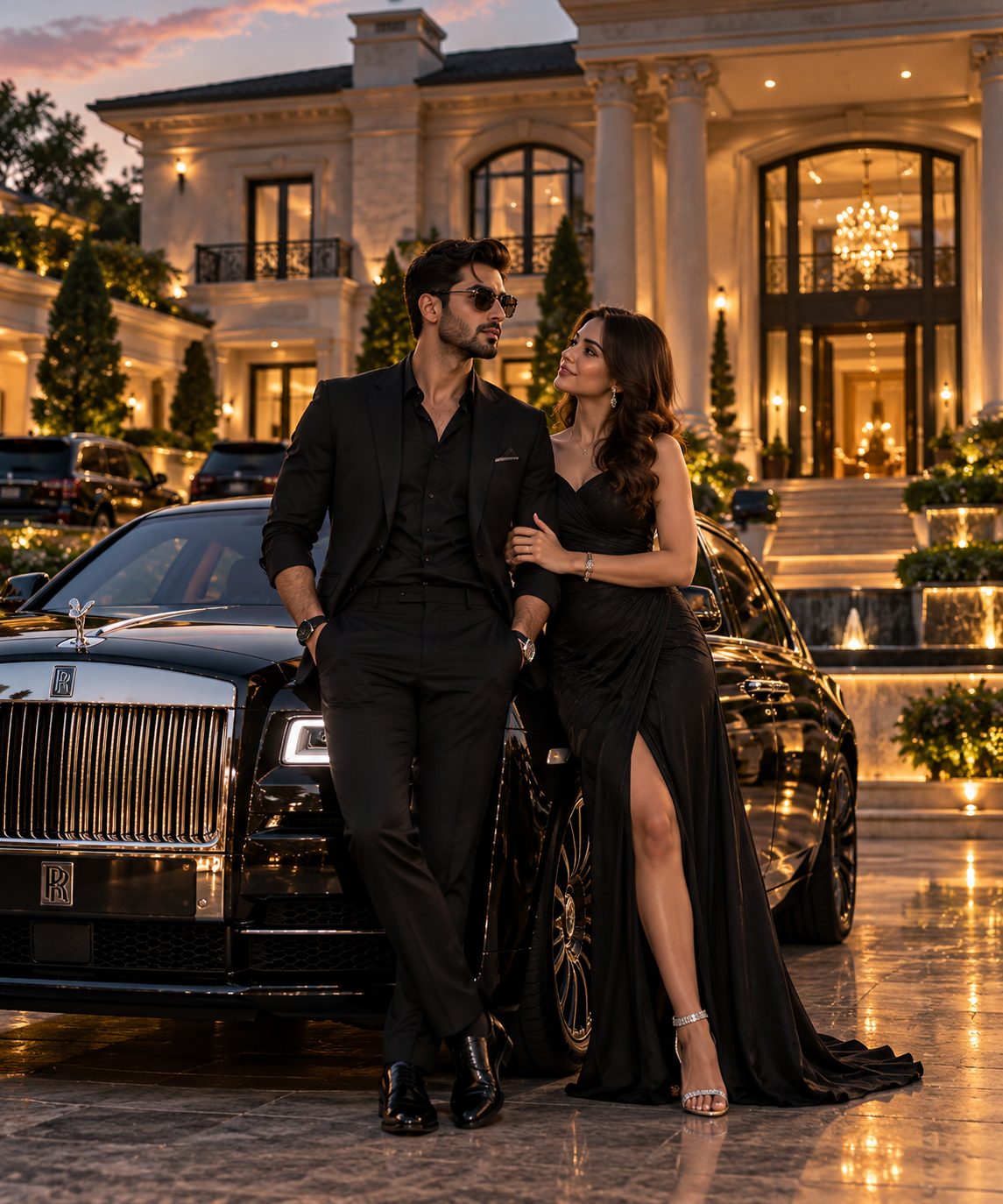 A couple in formal evening wear standing beside a luxury car in front of an illuminated mansion at dusk