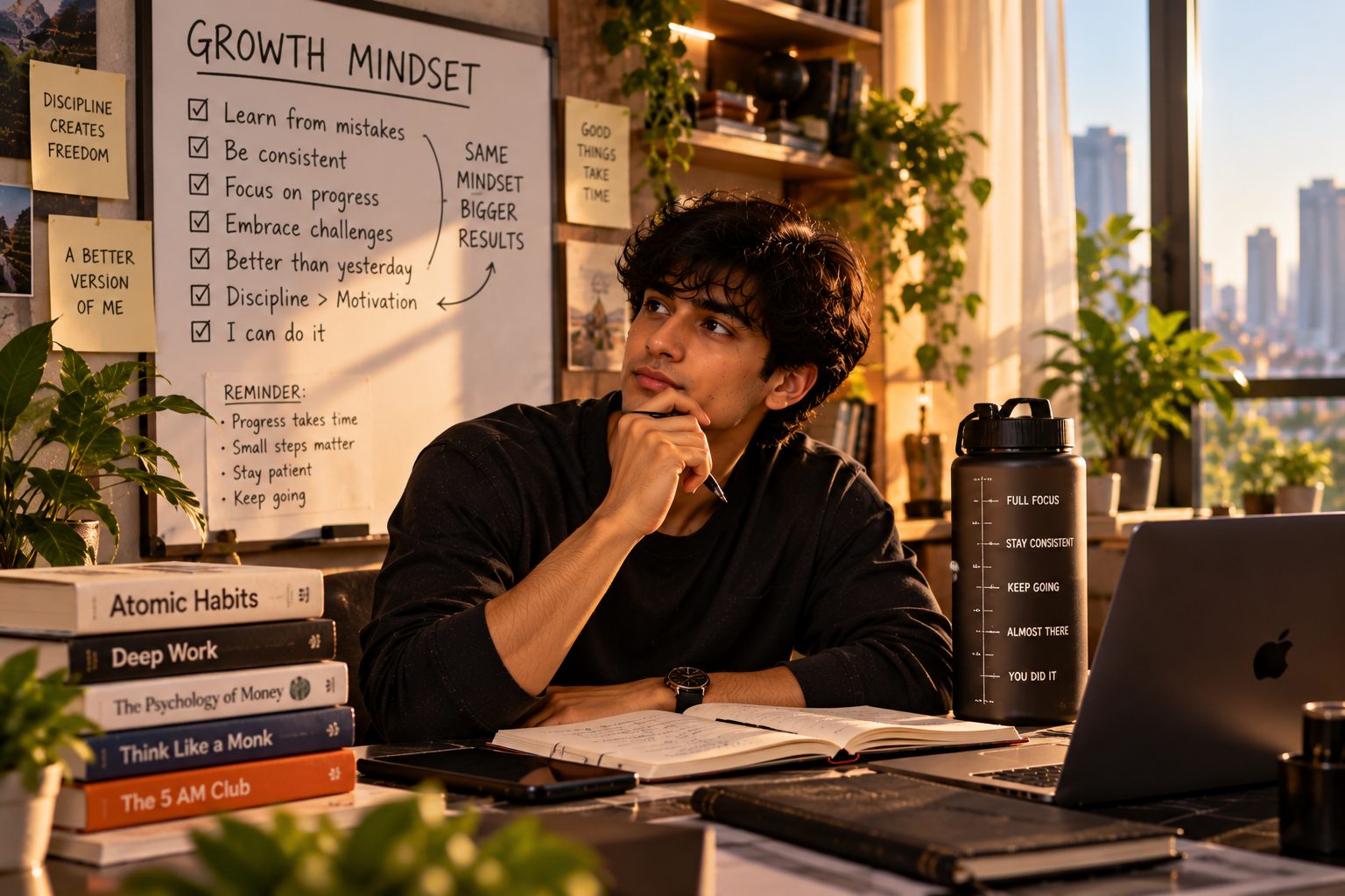A young man in a dark sweater sitting at a desk in a book-lined study at golden hour, chin resting on his hand as he thinks, with a whiteboard behind him reading Growth Mindset beside a checklist of habits