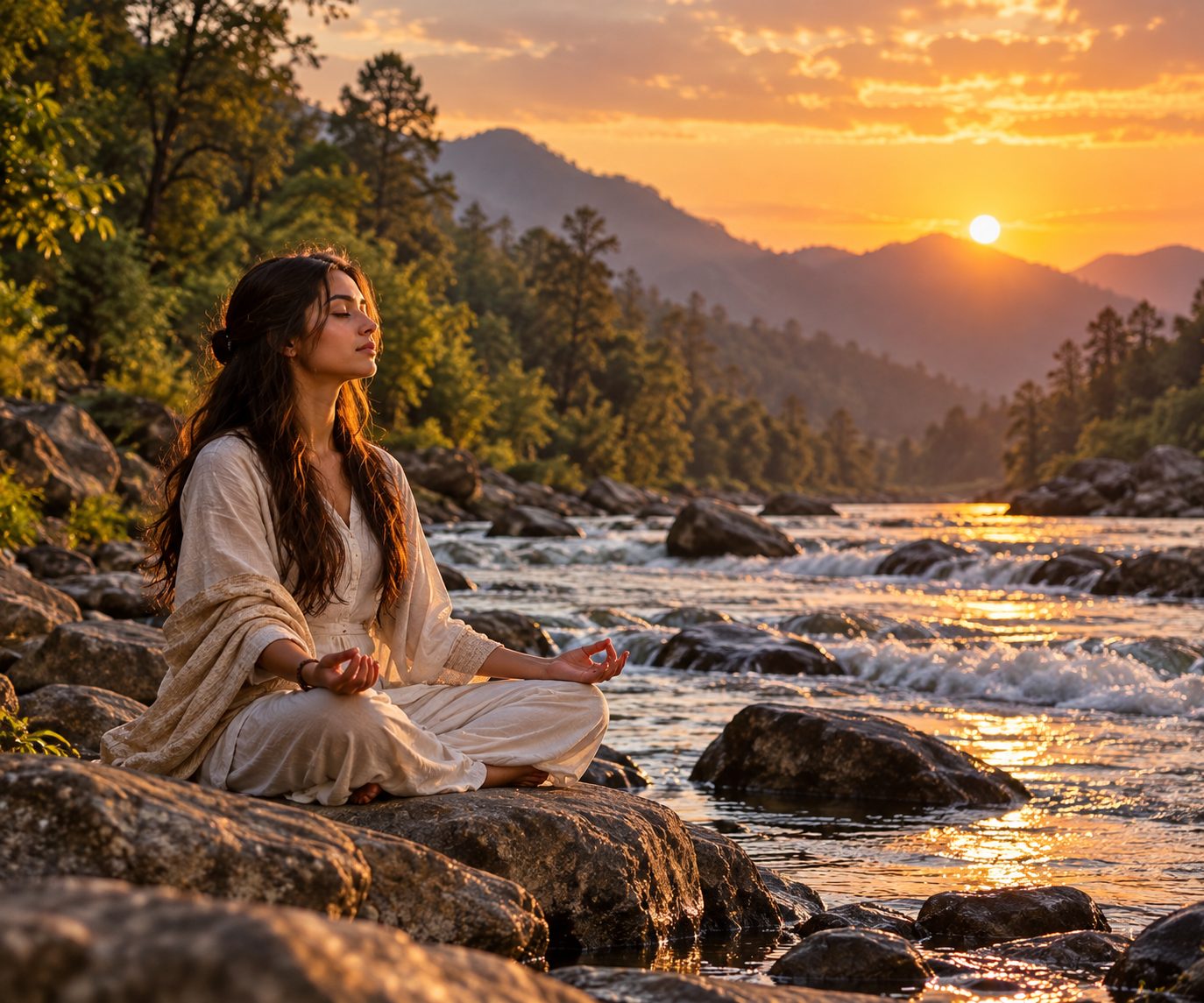 A woman meditating cross-legged on a rock beside a mountain river at golden hour