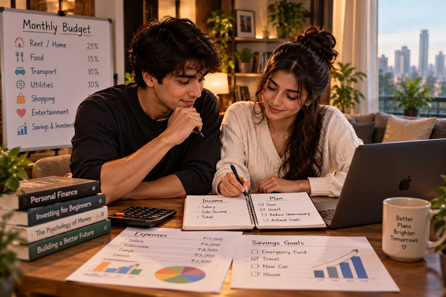 A couple planning their monthly budget together at a wooden table at dusk, writing in a notebook beside printouts of expenses and savings goals, with a board reading Monthly Budget behind them