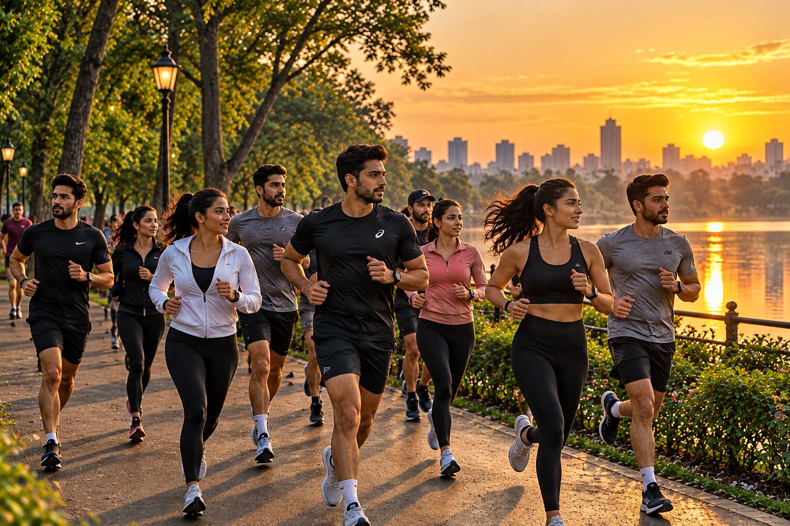 A group of people jogging together along a lakeside path at sunrise
