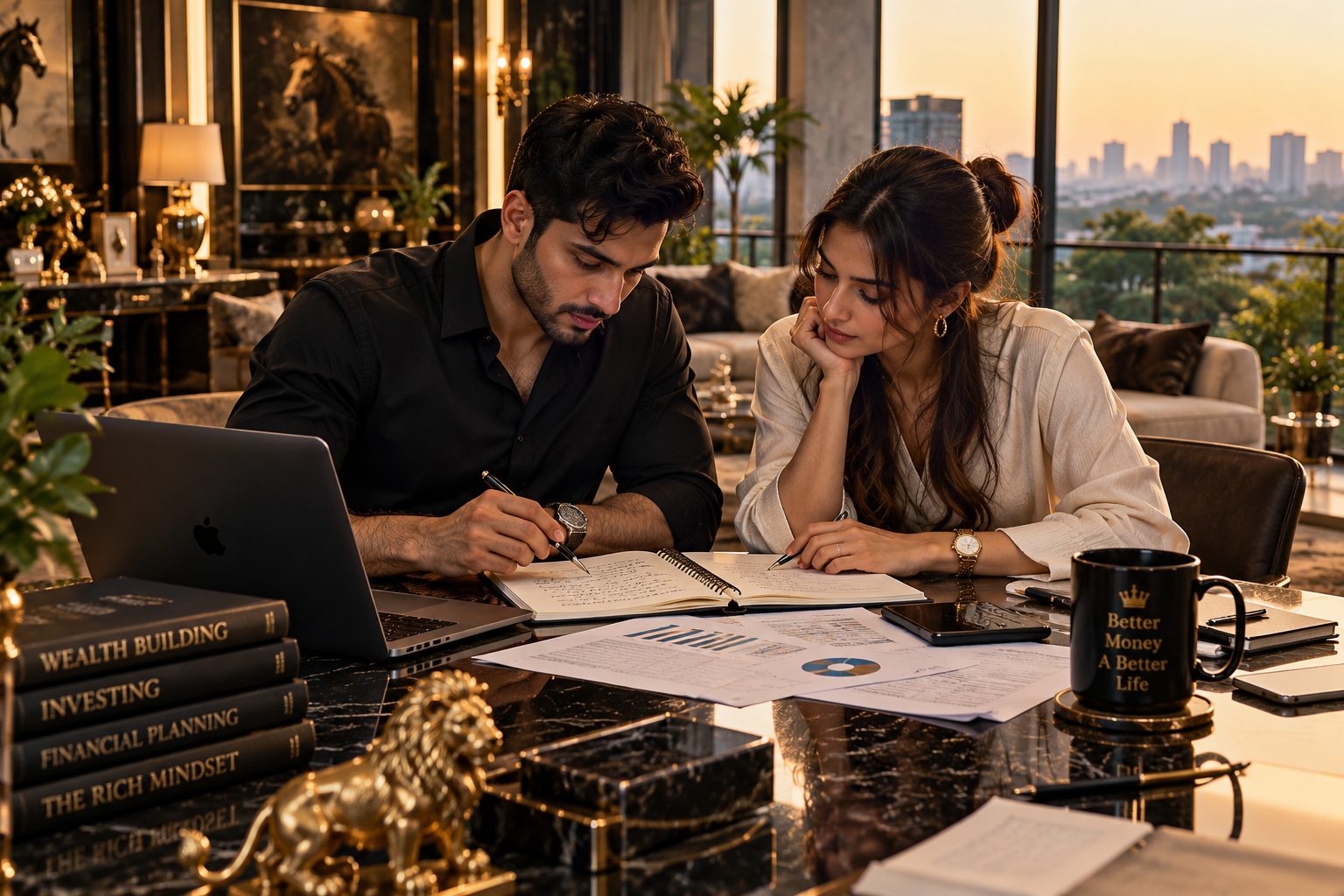 A couple reviewing charts and notes together at a marble table in a penthouse office at sunset