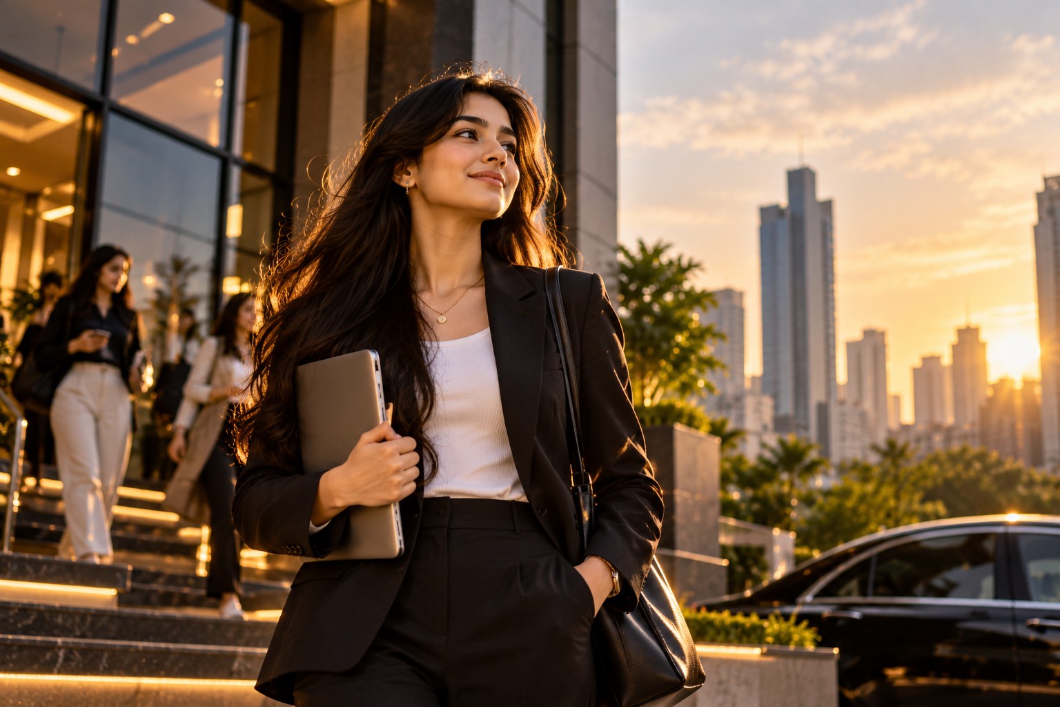 A young woman in a black blazer and trousers walking down the steps of a glass skyscraper at golden hour, a laptop under her arm and a leather bag on her shoulder