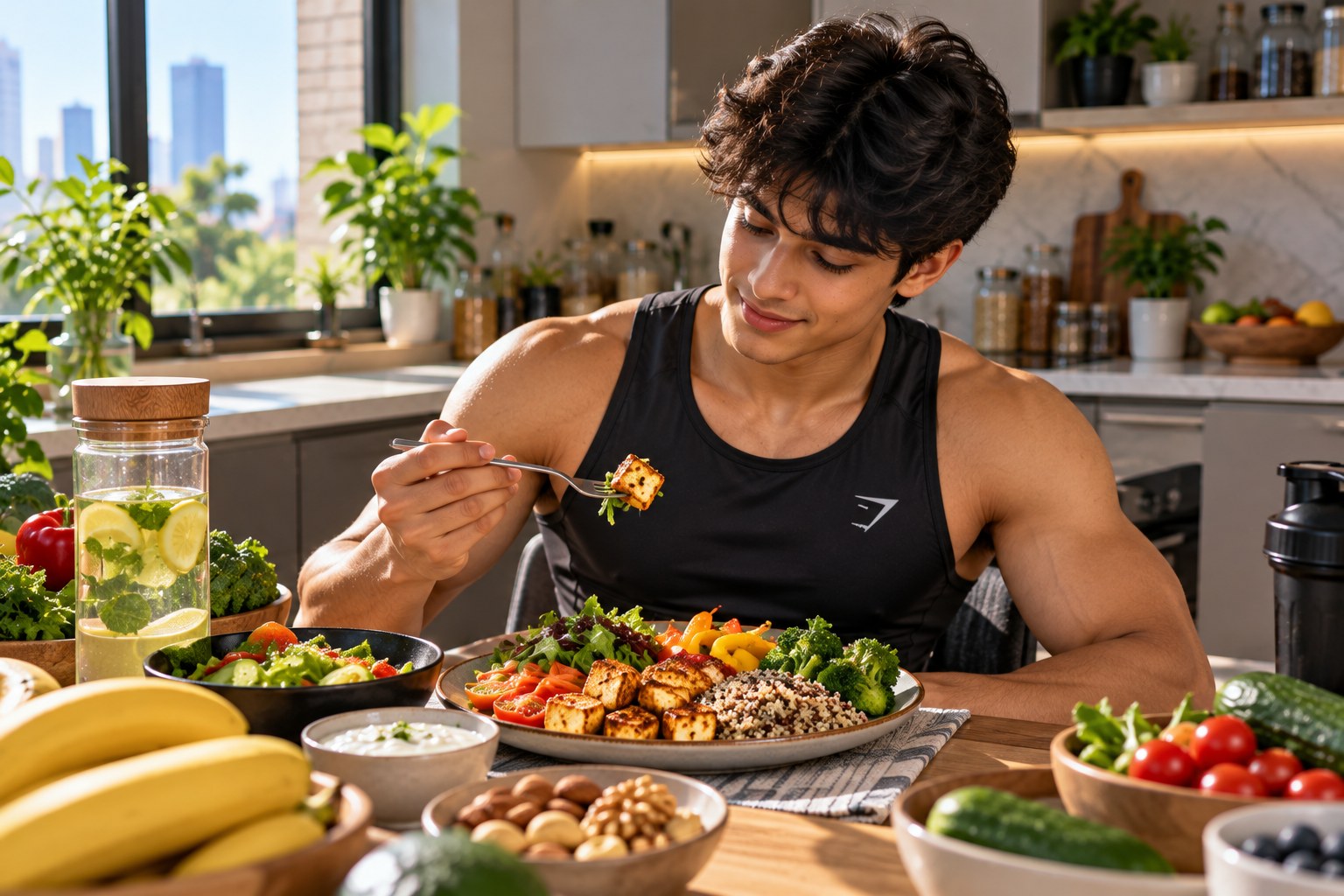 A young man in a black sleeveless top seated at a wooden table in a bright kitchen, lifting a fork of grilled tofu from a plate of quinoa, broccoli, peppers and salad, with bowls of fruit, nuts and a protein shaker around him