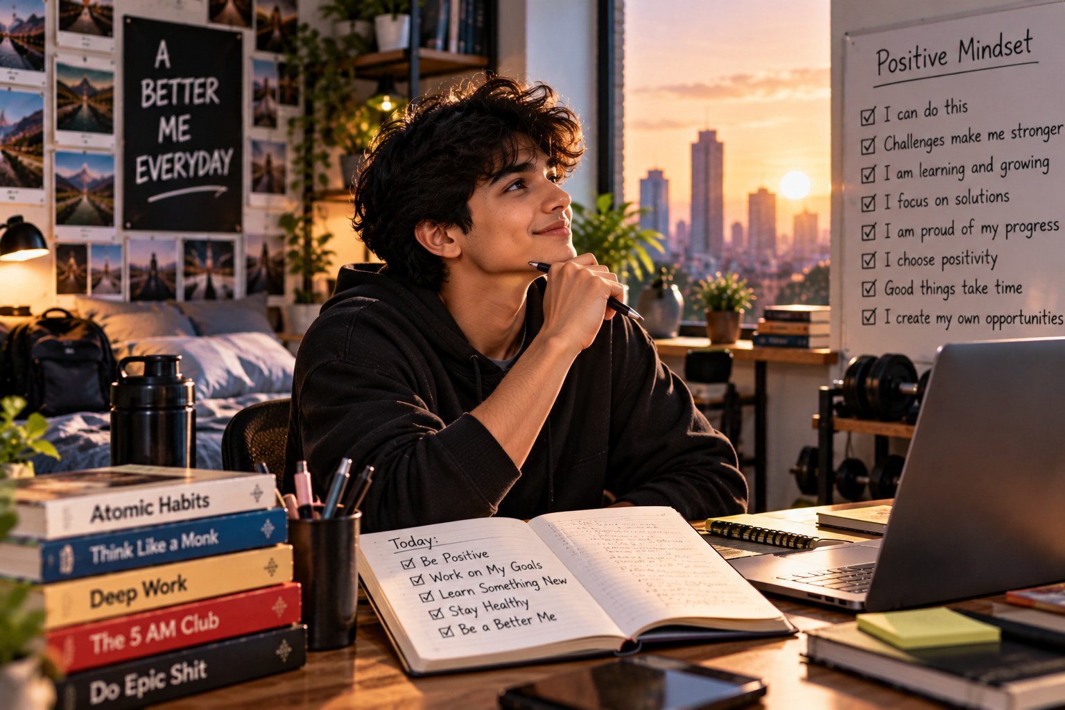 A young man in a black hoodie sitting at a desk in a high-rise room at sunrise, chin resting on his fist and a pen in hand, an open notebook with a checklist reading Be Positive, Work on My Goals, Learn Something New, Stay Healthy, Be a Better Me, a stack of books beside him and a board on the wall reading Positive Mindset