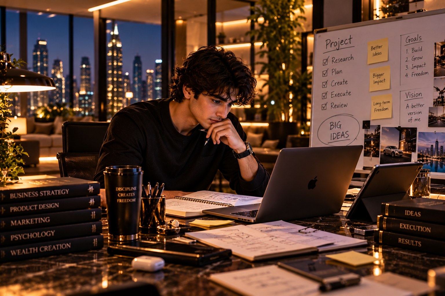A young man in a black shirt seated at an executive desk late at night, pen to his chin as he reads an open notebook, with a laptop, stacks of books and a whiteboard of goals behind him and the city skyline glowing through the window