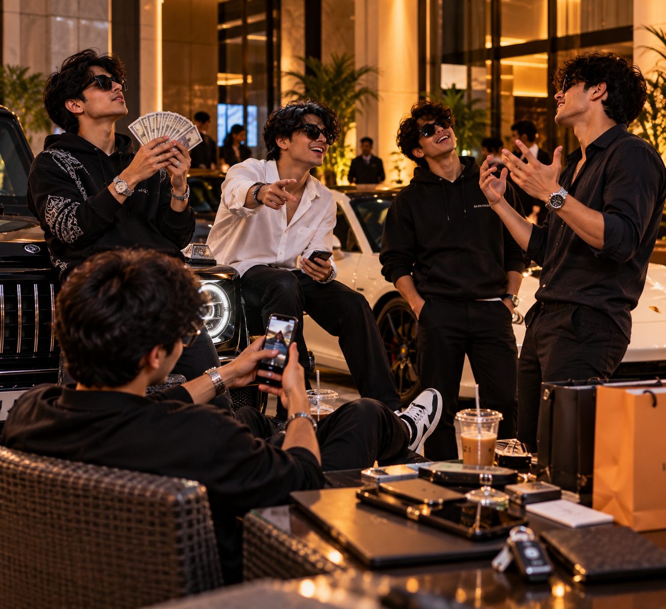 Five young men in sunglasses posing with cash and phones outside a luxury hotel at night, with luxury cars parked behind them