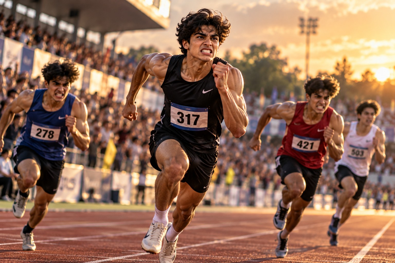 Four male sprinters in athletic singlets racing toward the camera on a red running track in late afternoon sunlight, numbered bibs pinned to their shirts, blurred spectators in the stands behind them