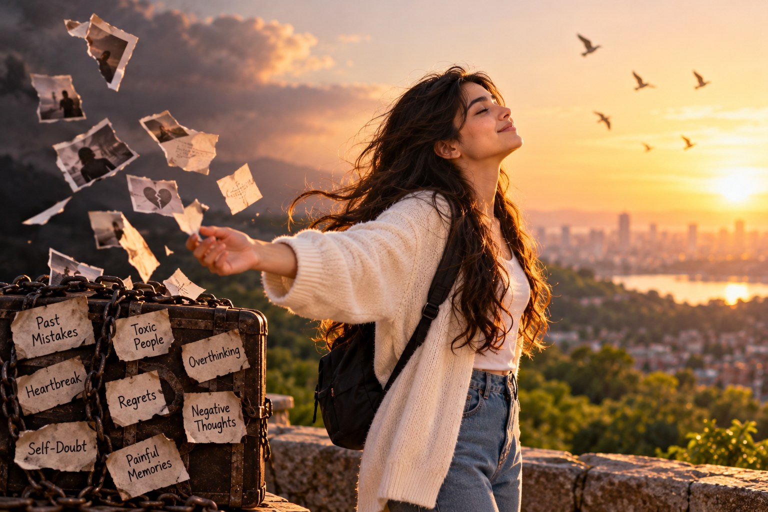 A young woman in a cream cardigan standing at a stone overlook at sunset with her eyes closed and face tilted to the light, an old travel trunk bound in chains beside her releasing loose pages and photographs into the wind, labelled Past Mistakes, Toxic People, Overthinking, Heartbreak, Regrets, Negative Thoughts, Self-Doubt and Painful Memories