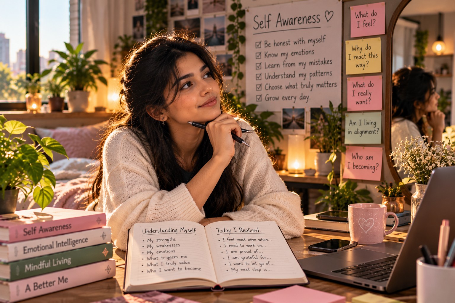 A young woman in a cream knit sweater resting her chin on her hand at a plant-filled desk in warm sunlight, an open journal in front of her headed Understanding Myself and Today I Realised, a stack of books with spines reading Self Awareness, Emotional Intelligence, Mindful Living and A Better Me, and a board behind her reading Self Awareness beside a checklist of prompts