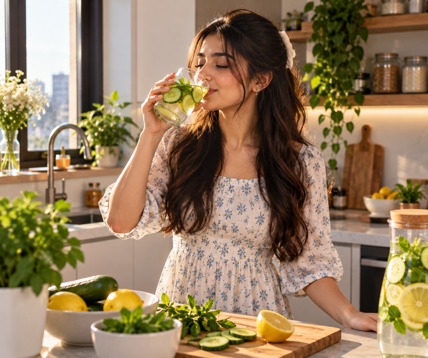 A young woman in a white floral summer dress standing at a marble kitchen counter in morning sunlight, sipping a glass of cucumber and mint water, with a pitcher of lemon-cucumber infusion, sliced vegetables on a wooden board and bowls of lemons beside her